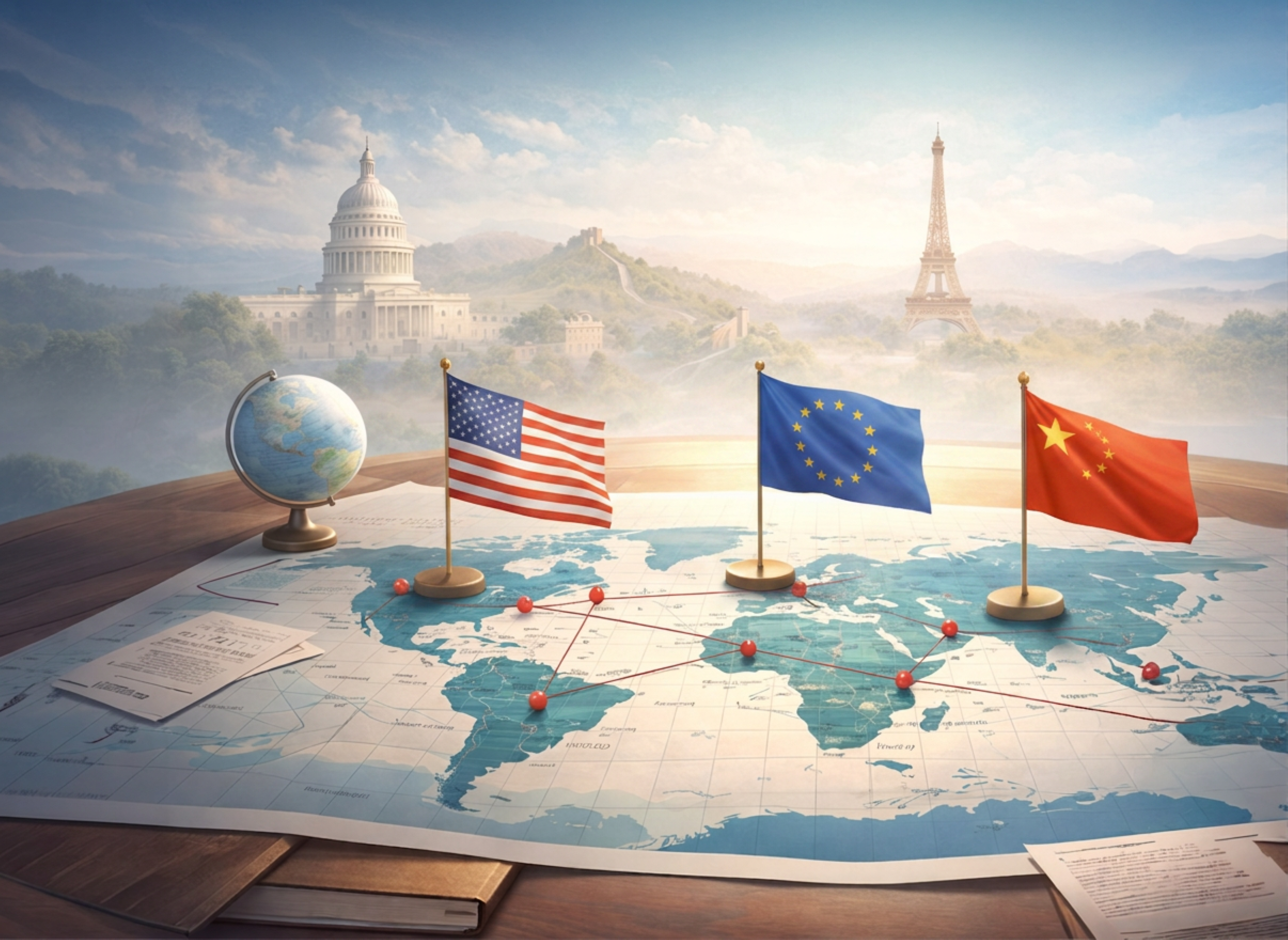 Geopolitieke ontwikkelingen tussen de Verenigde Staten, China, Europa en Rusland weergegeven op een wereldkaart met vlaggen, als symbool voor de invloed van internationale machtsverschuivingen op economie, innovatie en geneesmiddelen.